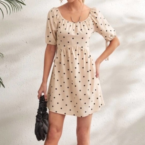 SHEIN Dresses & Skirts - Polka dots knot raglan sleeve scoop neck high waist smock dress Sz L